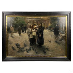 Hicks 20C City Park Figural Landscape Oil Painting: Hicks (20th Century). An original oil painting on canvas. A finely executed figural landscape depicting figures in a city square, featuring a focal point with three female figures feeding pigeons,