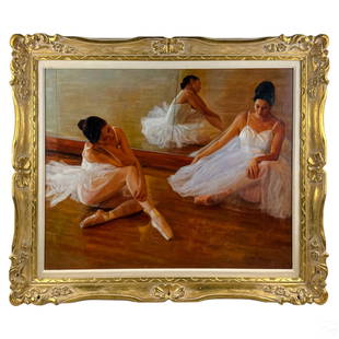 Wu Jian b.1942 Realist Ballet Dancers Oil Painting: Wu Jian (Chinese, born 1942). An original oil painting on canvas. Titled, "The Dance Lesson," produced 1994. A figural work painted in the artist's Realistic style depicting a duo of young female