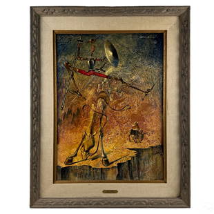 Arrigo Ghedini 1905-1997 Don Quixote Oil Painting: Arrigo Ghedini (Italian, 1905-1997). An original oil painting on masonite board. Titled "Don Quixote". A figural landscape in the Surrealist style, evoking contemporary artist Salvador Dali