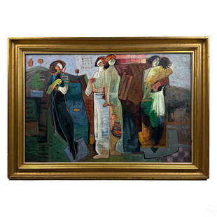 C. Carl 20C. Modernist Abstract Landscape Painting: C. Carl (20th Century). An original oil painting on canvas. A stylish Modernist figural group, depicting colorful abstract figures, with a Cubist style landscape, goldfish, and geometric forms.