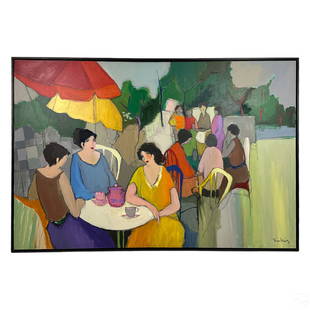 Itzchak Tarkay 1935-2012 Figural Cafe Oil Painting: Itzchak Tarkay (Israeli, 1935-2012). An original gallery sized painting on canvas. A figural cafe scene depicting groups of seated female figures, with pianist and singing children figures,