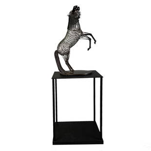 David Bennett b.1941 Glass & Metal Horse Sculpture: David Bennett (American, born 1941). A mixed media equestrian statue. Blown art glass and metal. A Modernist animalier work depicting a bucking horse. The bronze wires comprising the mane and tail are