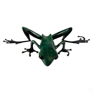 Tim Cotterill b.1950 Bronze Hanging Frog Sculpture: Tim Cotterill (The Frogman) (English American, born 1950). A limited edition bronze frog figurine statue. Green marbleized enamel finish, and polished gilt toes. Modeled to hang over an edge or surfac