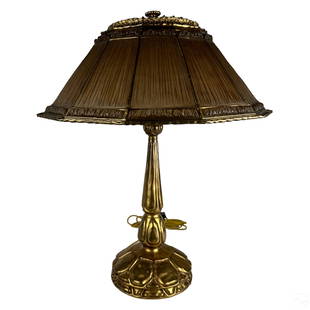 Tiffany Turtleback Lamp Base with Linen Fold Shade: An antique Art Nouveau lamp with heavy gilded turtleback base with linen fold shade, produced by Louis Comfort Tiffany and Tiffany Studios (New York). Eye catching raised relief turtleback design to e