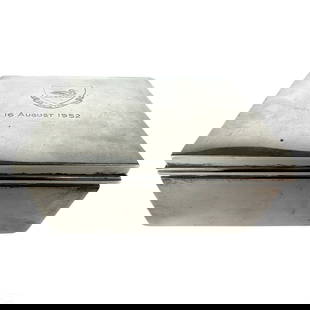 Cartier French Sterling Silver Cigarette Box 280g.: An elegant vintage Cartier sterling silver cigarette box. Hinged and lidded sterling silver case with wood panel interior. Incised design to lid featuring a shield with duck waterfowl bird, and scroll