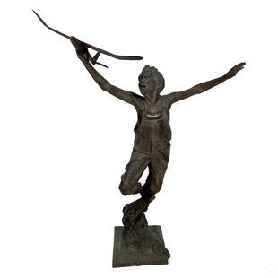 Gary Price b.1955 Bronze Life Sized Figural Statue: Gary Price (American, born 1955). A signed and numbered limited edition life sized bronze sculpture. A figural work depicting a running, laughing young boy at play with a toy model airplane. Modeled o