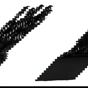Jean Lambert Rucki La Foule Black Bronze Sculpture: A limited edition figural bronze art sculpture by Jean Lambert Rucki (French, 1888-1967). A posthumous bronze casting with black patina. Titled, "La Foule" ("The Crowd"). The work produced in Art Deco