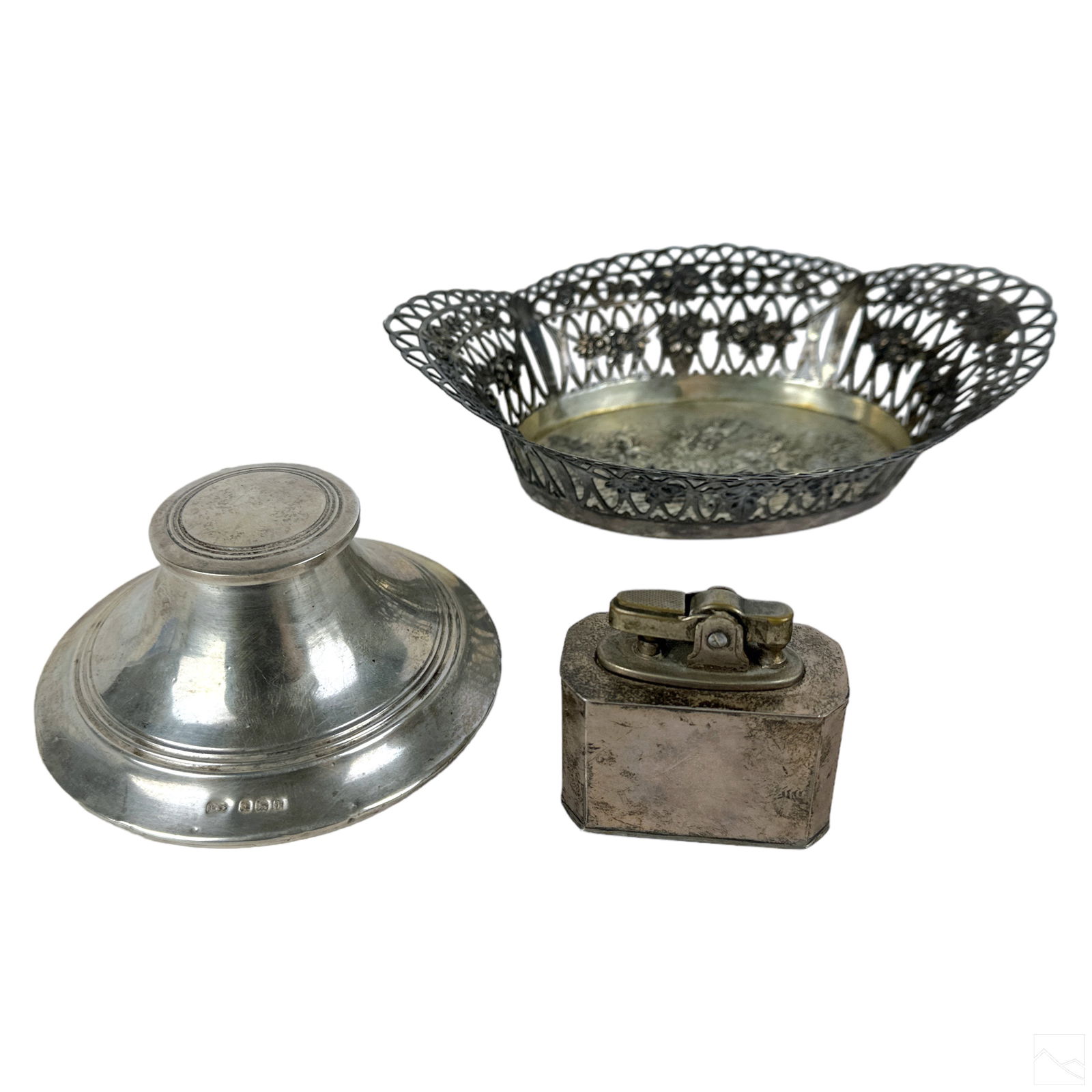 Sterling Silver Basket Inkwell and Lighter 3pc LOT (1 of 7)