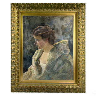 Ethel Horsfall Ertz 19C. Female Portrait Painting: Ethel Horsfall Ertz (English, fl. circa 1897 to 1918). An original antique watercolor painting on paper. A figural portrait depicting a young female figure in profile, draped in a soft, colorful