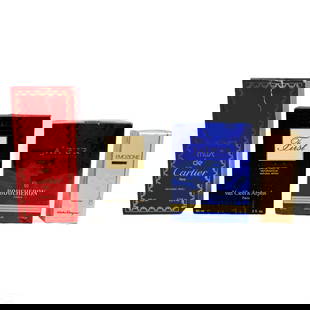 Cartier Van Cleef Ferragamo Boucheron Perfumes LOT: A collection of four (4) authentic French and Italian designer fragrance perfume scents in original bottles and packaging. Includes: one (1) 1.7 fl. oz. (50ml) vaporizer spray bottle of Boucheron Pari