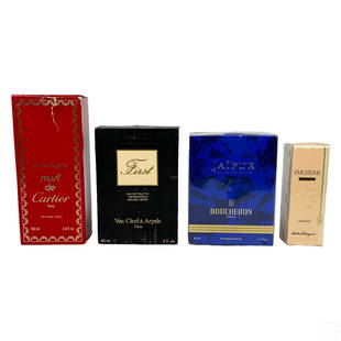 Cartier Van Cleef Ferragamo Boucheron Perfumes LOT: A collection of four (4) authentic French and Italian designer fragrance perfume scents in original bottles and packaging. Includes: one (1) 1.7 fl. oz. (50ml) vaporizer spray bottle of Boucheron Pari