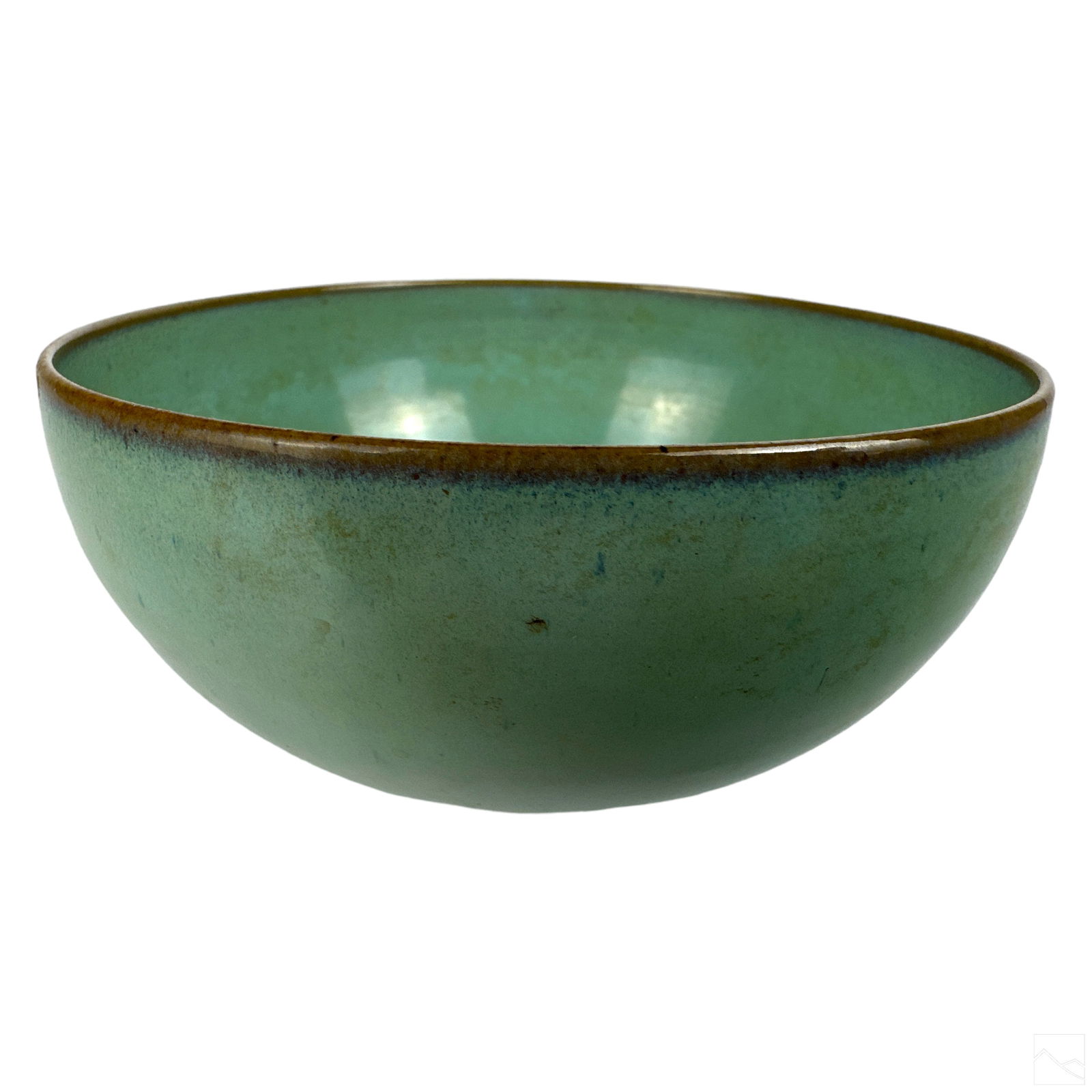 Edwin & Mary Scheier Jade Art Pottery Bowl SIGNED: An vintage studio art pottery bowl produced circa mid 20th Century by American ceramicists Edwin Scheier (1910-2008) and Mary Scheier (1908-2007). Mid century modern design in a soft jade glazed finis