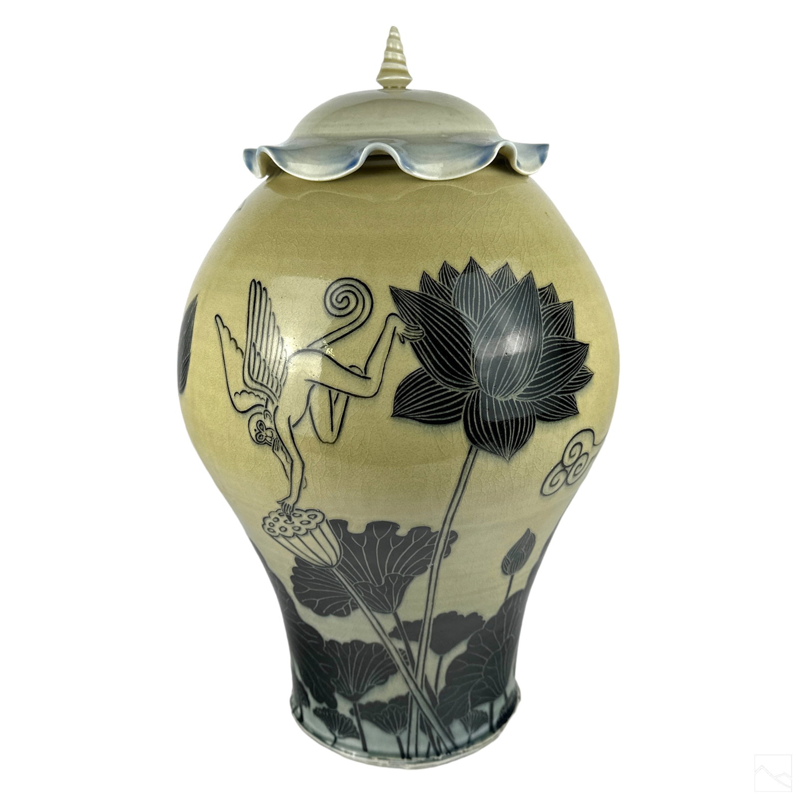 Sinisa Kukek b.1970 Art Pottery Lidded Amphora Urn: Sinisa Kukek (Croatian American, born 1970) and Mystery Artist (20th Century). An original porcelain vase. Titled, "Be Careful What You Wish For." Bulbous amphora form body with a rich cream glaze and