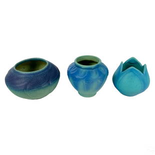 Van Briggle Studio Art Pottery Bowl Vase & Pot LOT: A three (3) piece collection of Van Briggle studio art pottery vessels. Eye catching pieces in blue and aquamarine evoking the designs of Rookwood Pottery, where ceramicist Artus Van Briggle (1869-190