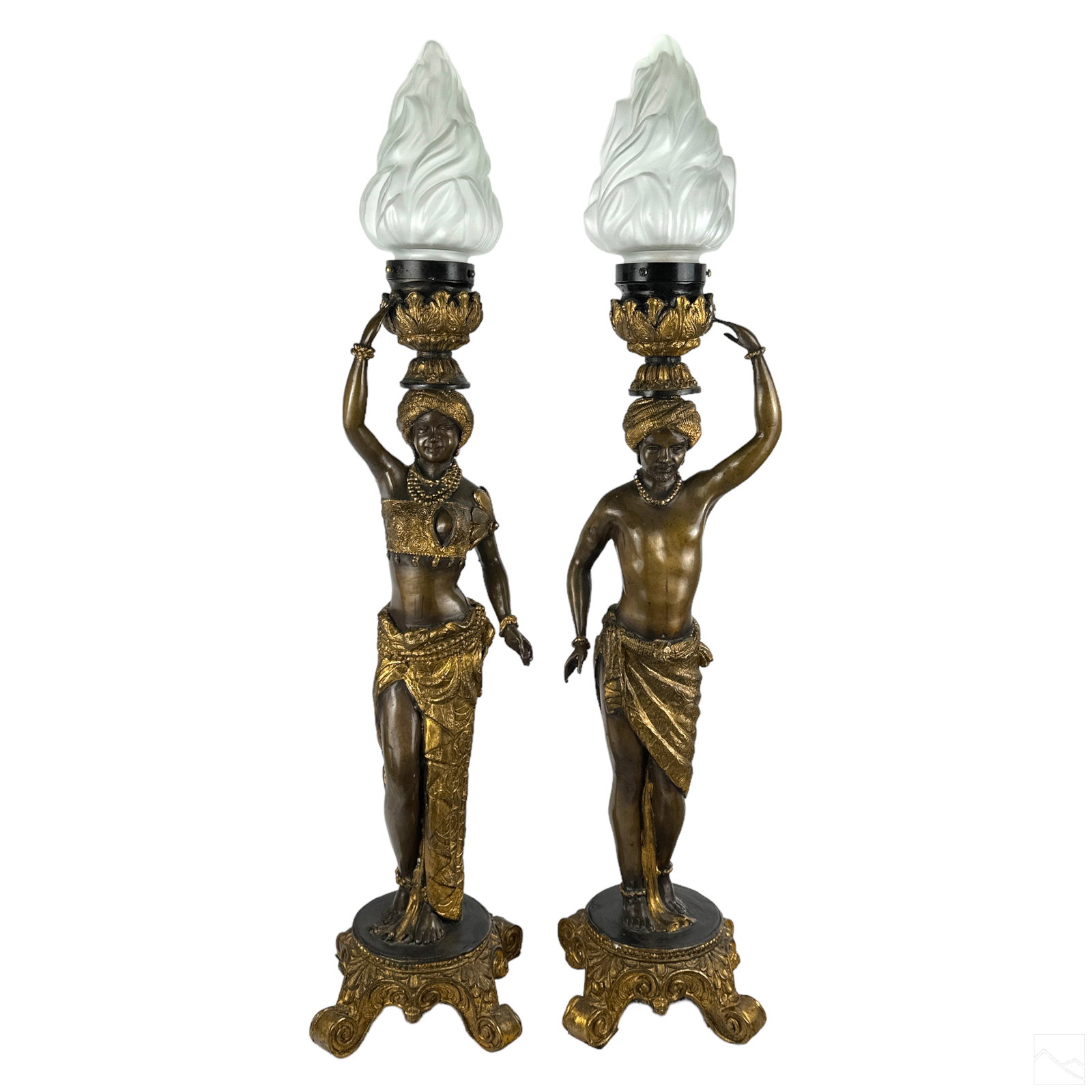 Maitland Smith Pair Orientalist Blackamoor Lamps: A pair of Maitland Smith bronze lamps. A matched figural set modeled as semi nude Orientalist male and female Blackamoor figures balancing large foliate form vessels on their heads, each fitted with a