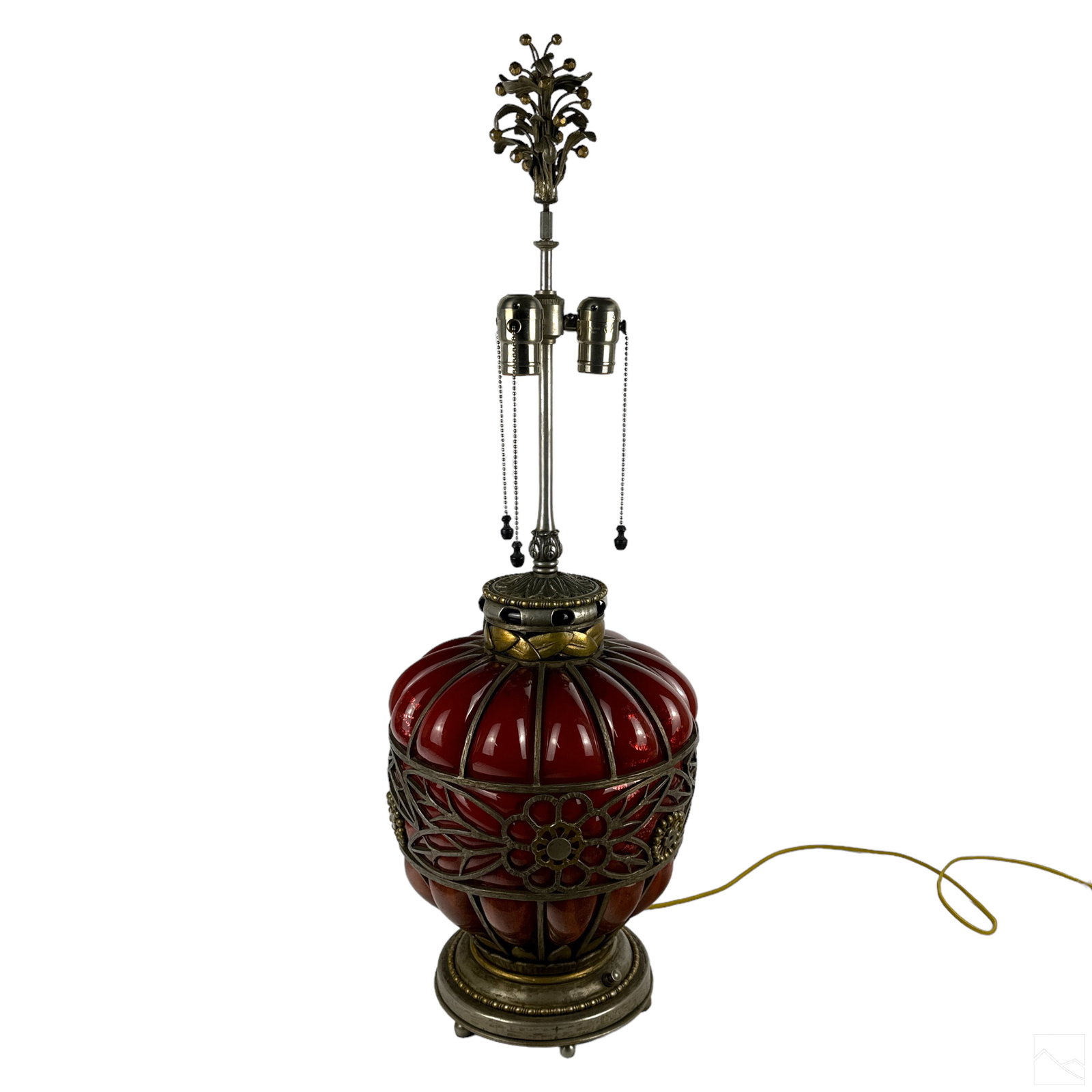French Iron & Art Glass Lamp Manner of Majorelle: A hammered iron and blown-out art glass vase, produced in the French Art Nouveau style designer Louis Majorelle (1859-1926). Rich mottled orange, red, and burgundy tone glass blown into a hammered cas