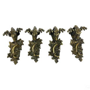 Bronze Gothic Revival Dragon Curtain Bracket SET: A set of four (4) antique bronze architectural holder brackets, produced in the Gothic Revival style, to support a rod, tube, dowel, or bar for the hanging display of curtains, draperies, tapestries,