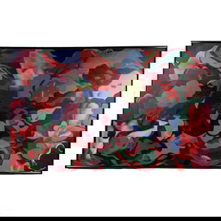 Mid Century Modern Abstract in Colors Oil Painting: Mystery Artist (fl. Mid 20th Century). An original oil painting on canvas. An abstract work work in colors and forms, with a repeating triangular or diamond pattern throughout. Artist monogram signatu