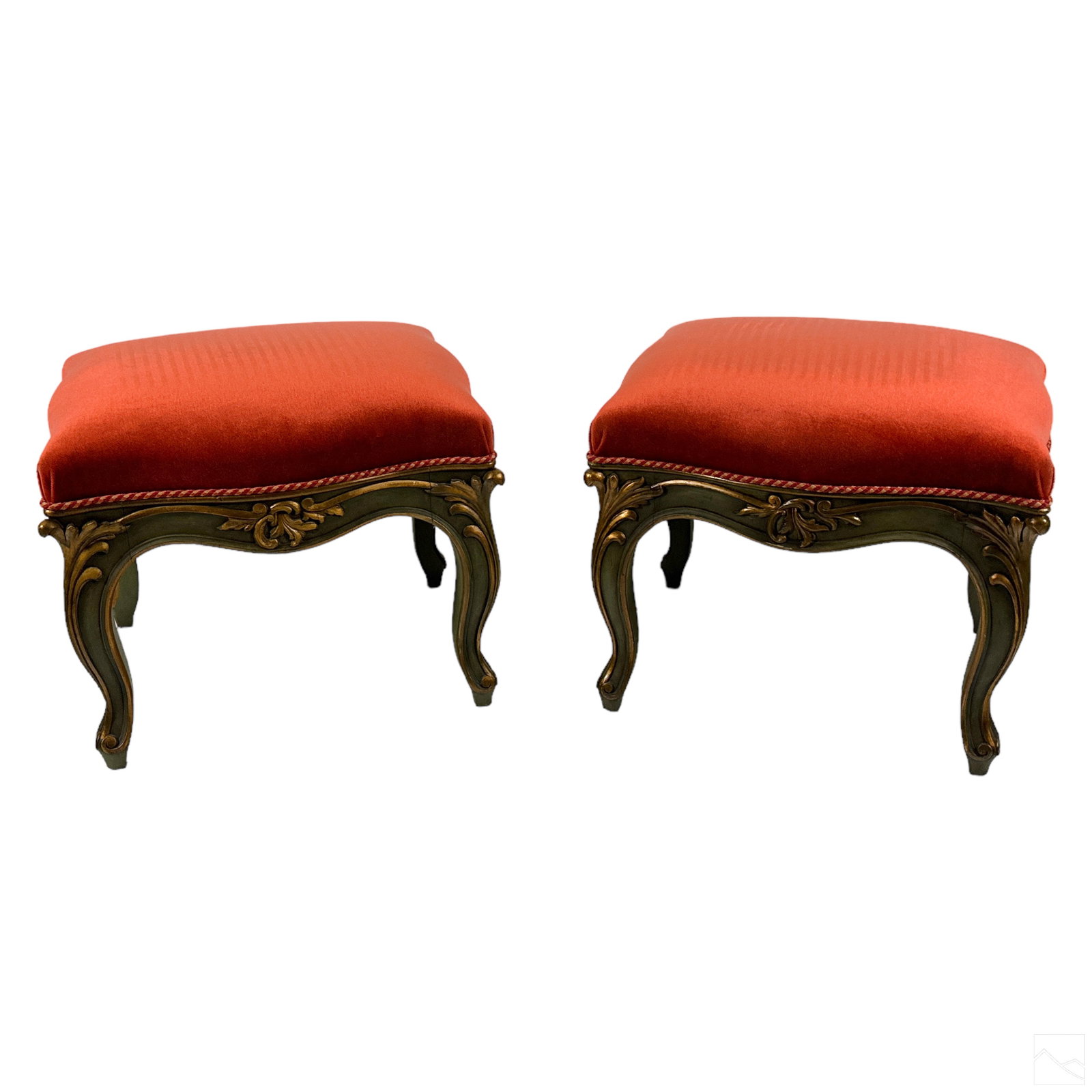 Antique Pair Red Upholstered Wood Campaign Stools (1 of 4)