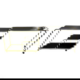 Milo Baughman Designer Brass and Glass Bar Trolley: An expandable bar cart trolley designed for Design Institute America (High Point, NC) by Milo Baughman (1923-2003). A late Mid Century Modern design, produced circa 1980s, designed in three tiers, wit