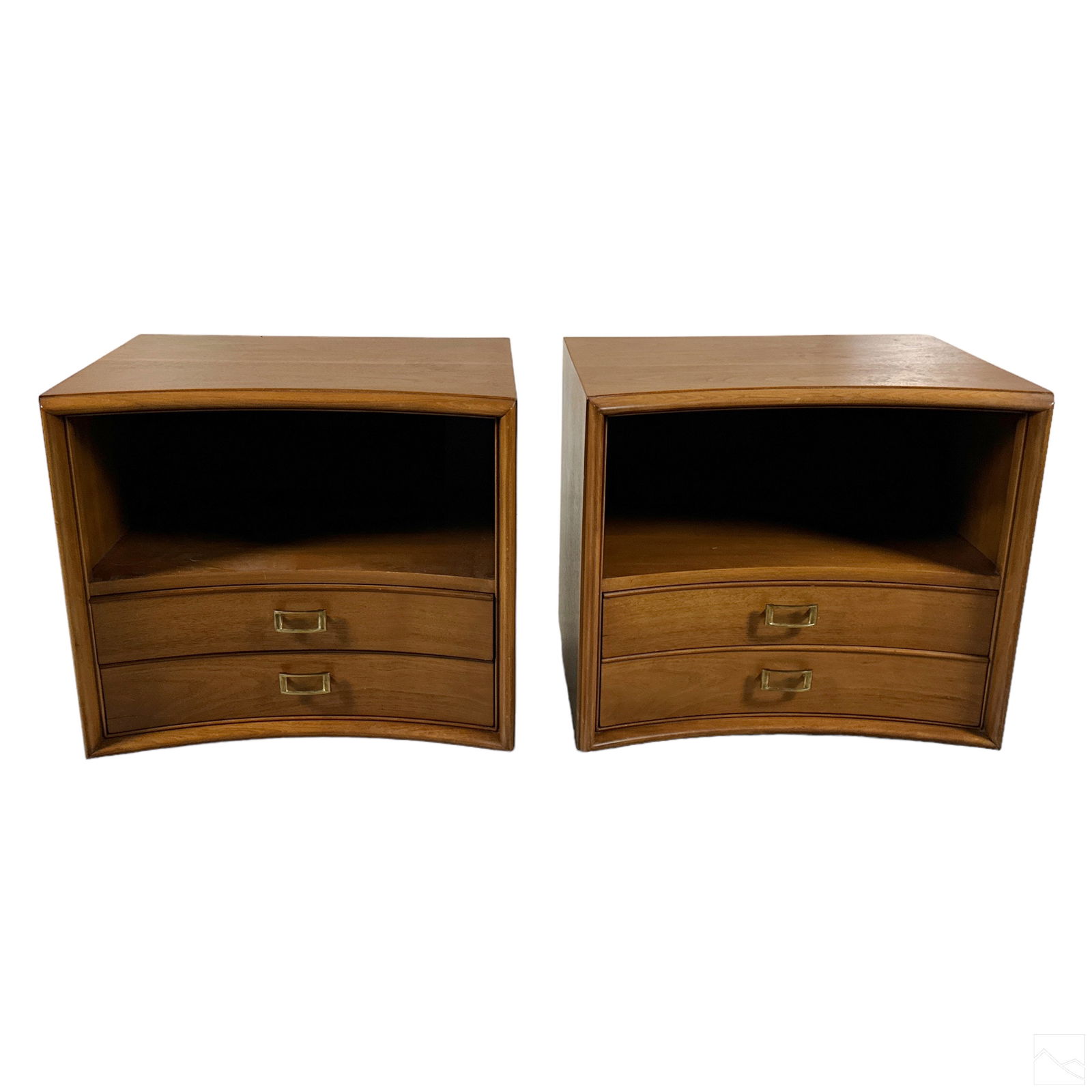 Johnson by Paul Frankl Designer Walnut Nightstands: A pair of vintage wood nightstands designed for Johnson Furniture Company (Grand Rapids, MI) by Paul T. Frankl (1886-1958). Produced for the Emissary line, with refined Mid Century Modern biomorphic d