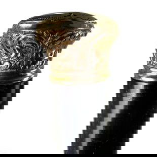 Gold Topped 19C. Victorian Wood Cane Walking Stick: An antique 19th Century gentleman's walking stick cane. Black enameled wood in an elegant tapered design capped with an ornate gold top with encircling raised relief scrolling and feathered designs to
