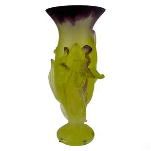 Daum French Crystal Pate de Verre Art Glass Vase: A Daum French Pate de Verre crystal vase. Baluster form body in striking opaque lime green glass with lavender purple embellishments, featuring high raised relief botanical forms rising up from circul