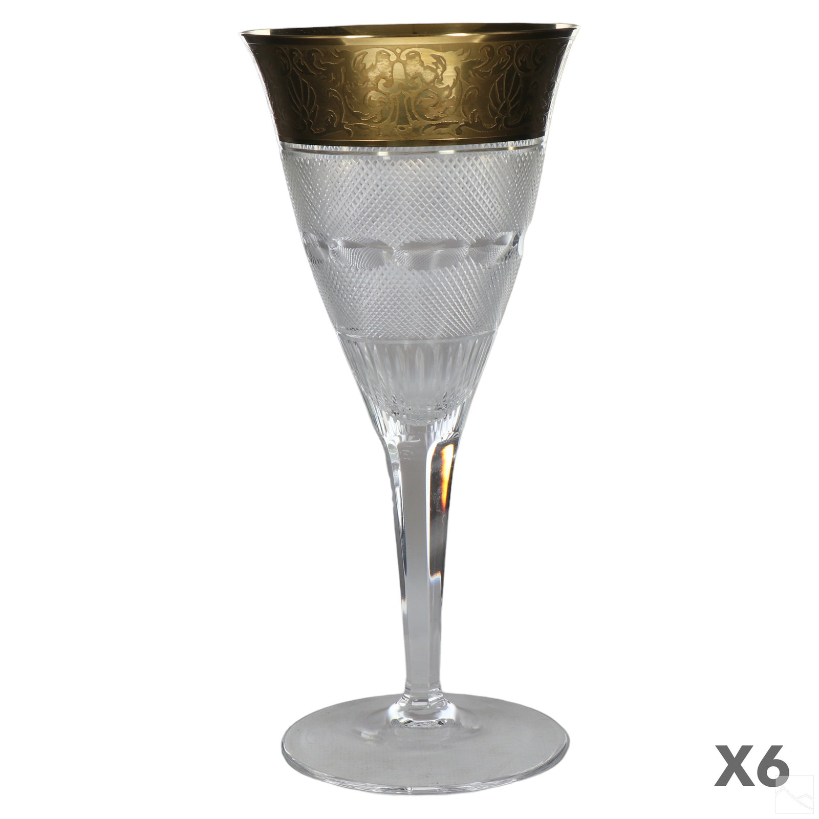 Moser Czech Crystal Splendid Stemware Goblets SET: A set of six (6) luxury Bohemian Czech crystal stemware water goblets in the Splendid pattern by Moser, produced circa 1990. Gilt encrusted goblets with Art Deco style scrolling, botanical, and shell