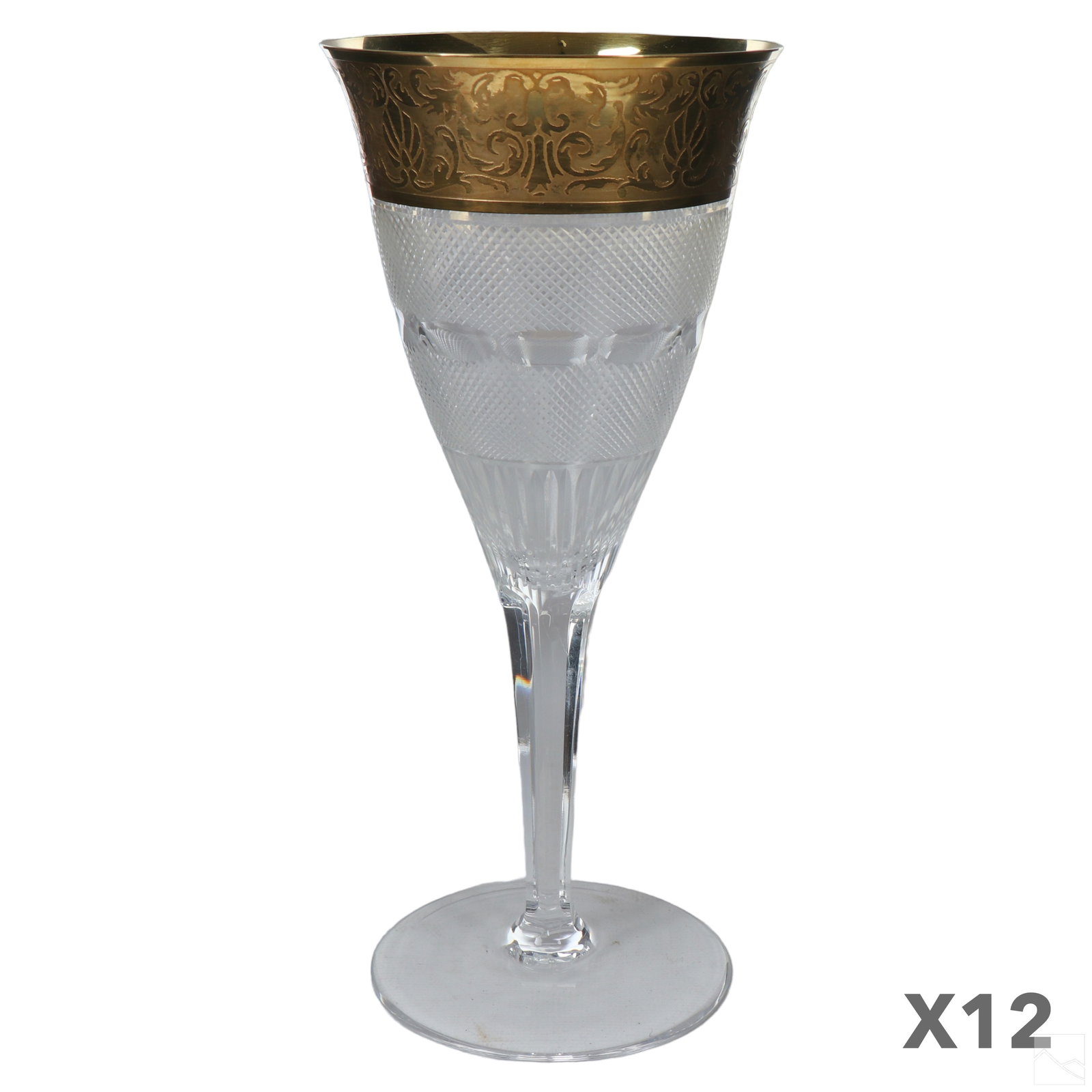 Moser Czech Crystal Splendid Stemware Goblets 12pc: A set of 12 luxury Bohemian Czech crystal stemware water goblets in the Splendid pattern by Moser, produced circa 1990. Gilt encrusted goblets with Art Deco style scrolling, botanical, and shell desig
