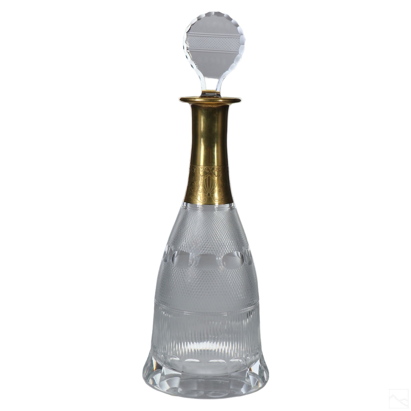 Moser Czech Crystal Splendid Decanter and Stopper: A Bohemian Czech crystal luxury wine decanter in the Splendid pattern by Moser, produced circa 1990. Blown glass body with gilt encrusted top in Art Deco style scrolling, botanical, and shell designs