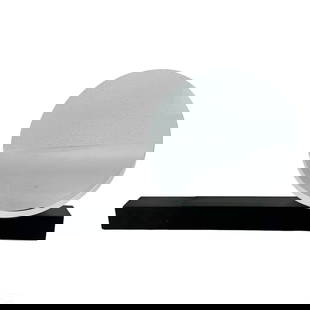 Steuben Art Glass Modernist Disk Sculpture & Base: A Steuben art glass mixed media statue. Crystal and metal. A striking modern design featuring a round disk form with lower, wider half in clear art glass, and upper, tapered section displaying a profu