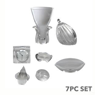 Steuben Crystal Bowl Clock Vase Dish Figurines LOT: A seven (7) piece estate LOT of Steuben crystal. Includes: one (1) Modernist quail form sculpture with ribbed hollow body designed by Donald Pollard, well suited for display on side and use as candy b