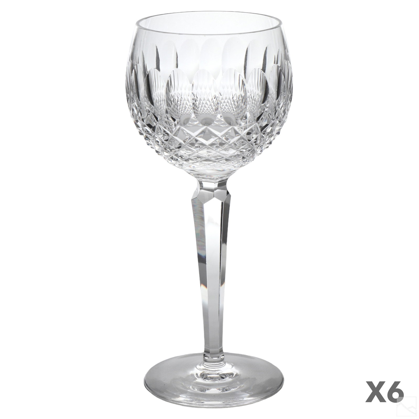Waterford Irish Crystal Wine Hock Stemware 6pc SET: A set of six (6) Waterford Irish crystal wine hock stemware glasses. Round bowls with encircling oblong fluted designs over diamond patterns, surmounting column stems and circular bases. Etched WATERF