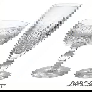 Waterford Colleen Champagne & Coupe Glasses 24pc.: A 24 piece collection of Waterford Irish crystal glasses in the Colleen pattern (short stem). Featuring a cut panel, and cross hatch design. Includes: nine (9) fluted champagne glasses; and 15 tall sh