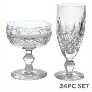 Waterford Colleen Champagne & Coupe Glasses 24pc.: A 24 piece collection of Waterford Irish crystal glasses in the Colleen pattern (short stem). Featuring a cut panel, and cross hatch design. Includes: nine (9) fluted champagne glasses; and 15 tall sh