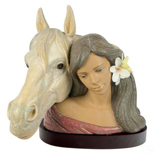 Lladro Spanish Porcelain GENTLE MOMENT Sculpture: A Lladro Spanish porcelain bust statue. Titled, "Gentle Moment," model number 3564, produced circa 1995. A Gres bisque finish figural equestrian group depicting a female figure with delicate flora in