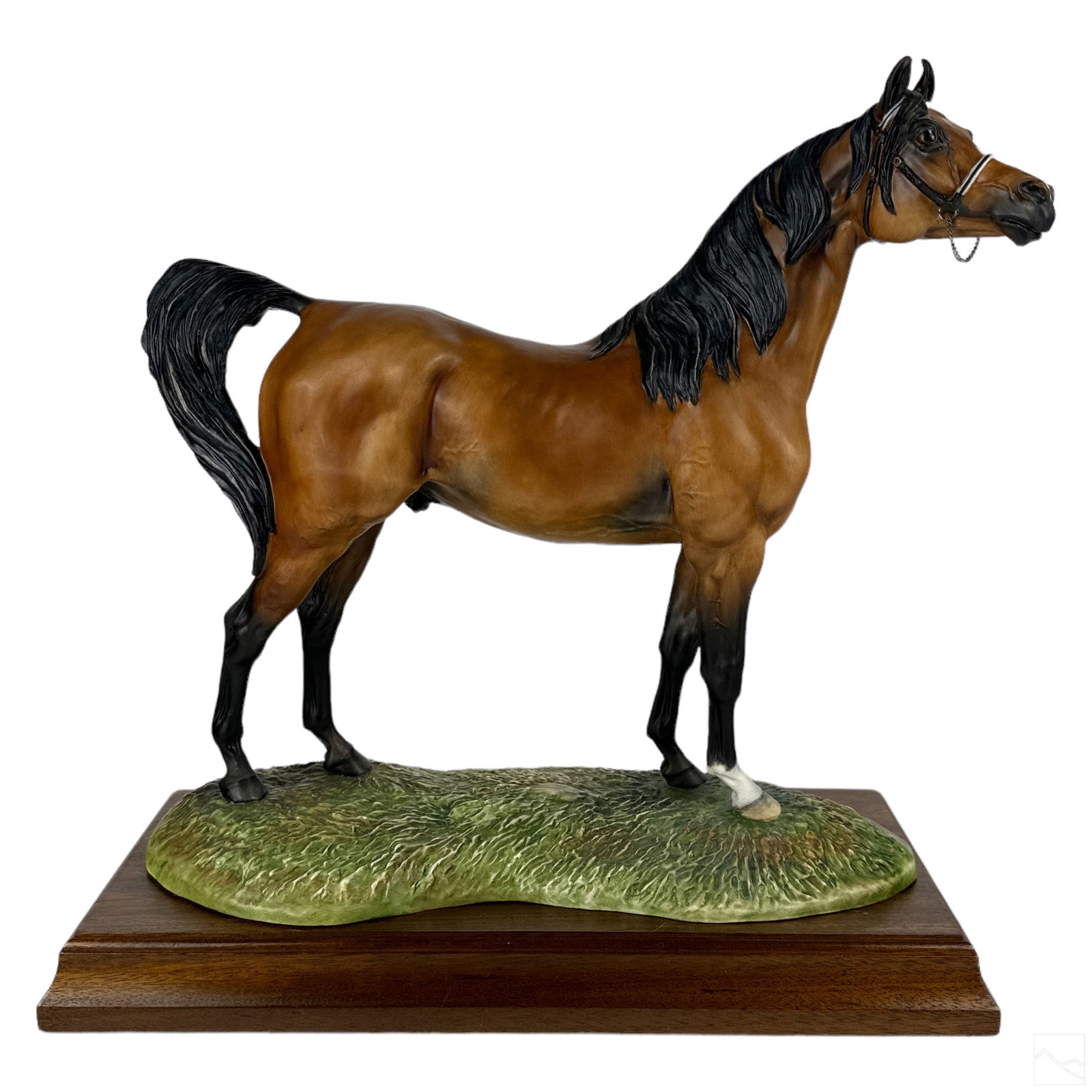 Boehm Bone China Equestrian Horse Figurine SIGNED: A Boehm American bone china porcelain sculpture. A wildlife work modeled as an Arabian horse. Hand painted in a rich golden red brown bisque finish, with additional elements, including metal bridle ch