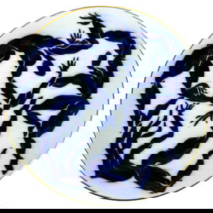 Herve van der Straeten Limoges Porcelain Charger: A Limoges French porcelain charger plate designed for Boutique Bernardaud by artist Herve van der Straeten (born 1965). Titled, "Bacchanale." A Modernist design with white ground and generous gilt tri