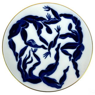 Herve van der Straeten Limoges Porcelain Charger: A Limoges French porcelain charger plate designed for Boutique Bernardaud by artist Herve van der Straeten (born 1965). Titled, "Bacchanale." A Modernist design with white ground and generous gilt tri