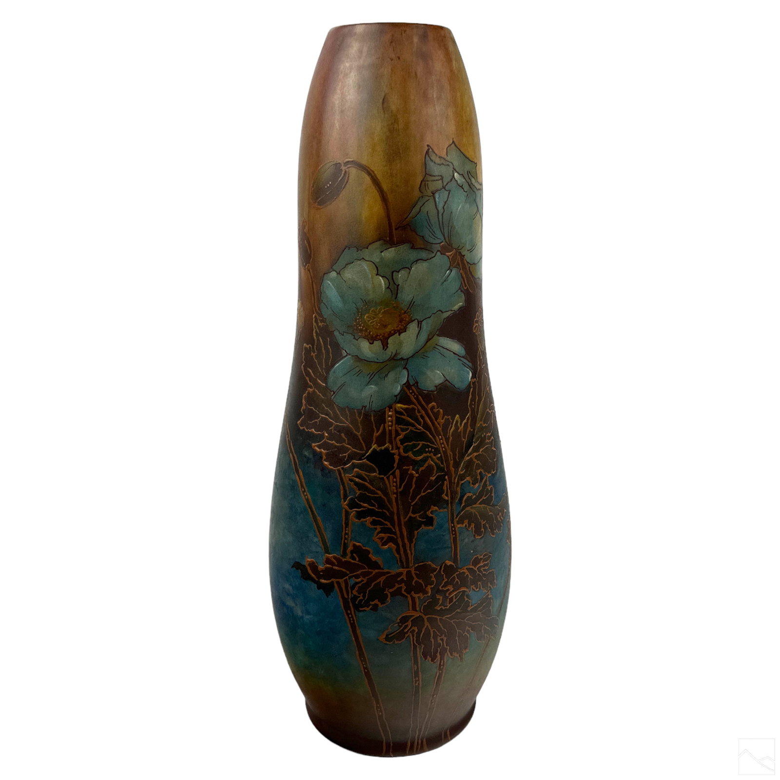 Royal Bonn German Porcelain Art Nouveau Gourd Vase: An antique Royal Bonn German porcelain early Art Nouveau vase. Striking elongated gourd form body with a mottled russet caramel and blue ground and hand decorated with painted and relief botanical ele