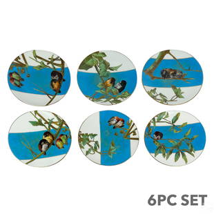 Aesthetic Movement English Porcelain Plates SET: A set of six (6) English porcelain plates produced in the Aesthetic Movement style. Each features a wide central turquoise blue band with hand decorated images of birds and botanical elements, and gil