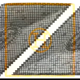 Hermes French Porcelain Mosaique AU 24 Tray & Box: A Hermes French porcelain tray in the Mosaique AU 24 pattern, designed by French art director and fashion designer Benoit Pierre Emery (born 1970). Hand applied 24k gold screen printed decorative mosa