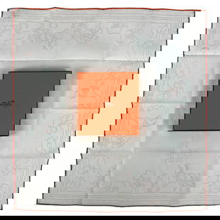 Hermes French Designer Cotton Handkerchief Napkin: A Hermes Paris French designer cotton handkerchief pocket square. Whimsical Postmodernist design with an abstract Paris cityscape to border edge in an orange dotted pattern depicting horses and carria