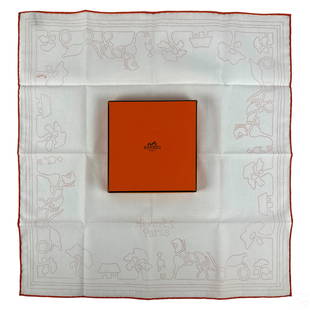 Hermes French Designer Cotton Handkerchief Napkin: A Hermes Paris French designer cotton handkerchief pocket square. Whimsical Postmodernist design with an abstract Paris cityscape to border edge in an orange dotted pattern depicting horses and carria