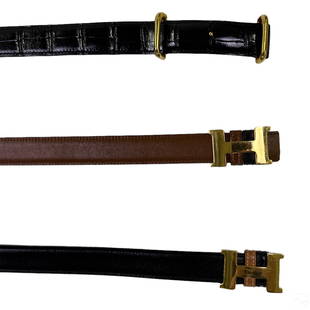 Hermes French Ladies Designer Leather Belt 3pc LOT: A collection of three (3) Hermes Paris luxury French designer Retro to vintage ladies leather belts. Includes: one (1) black crocodile skin leather belt with gold metal squared loops buckle and gilt s