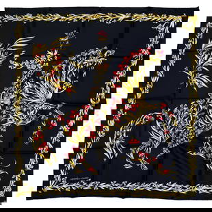 Hermes Henri d'Origny Cheval Fleuri Designer Scarf: A vintage Hermes Paris designer French ladies silk scarf in the "Cheval Fleuri" ("Flower Knight") pattern, designed circa 1960s by Henry d'Origny. A striking black background decorated with a profusio