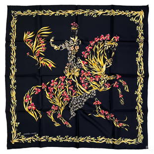 Hermes Henri d'Origny Cheval Fleuri Designer Scarf: A vintage Hermes Paris designer French ladies silk scarf in the "Cheval Fleuri" ("Flower Knight") pattern, designed circa 1960s by Henry d'Origny. A striking black background decorated with a profusio