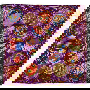 Hermes Nathalie Vialars French Designer Silk Scarf: A Hermes Paris designer French ladies silk scarf in the "L'Art du Temari" ("The Art of Temari") pattern, designed by India-born artist Nathalie Vialars. An eye catching purple background decorated wit