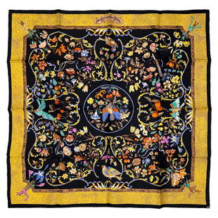 Hermes Paris Zoe Pauwels Pierres French Silk Scarf: A Hermes Paris designer French ladies silk scarf in the "Pierres d'Orient et d'Occident pattern, designed 1988 by Paris-born artist Zoe Pauwels (born 1961). A stunning Rococo style piece with eye catc