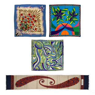 Gucci Yves Saint Laurent Emilio Pucci Scarf LOT: A four (4) piece Italian and French ladies designer Retro to vintage fashion scarves. Includes: one (1) elegant Yves St. Laurent YSL narrow gossamer silk scarf with central paisley pattern designs and